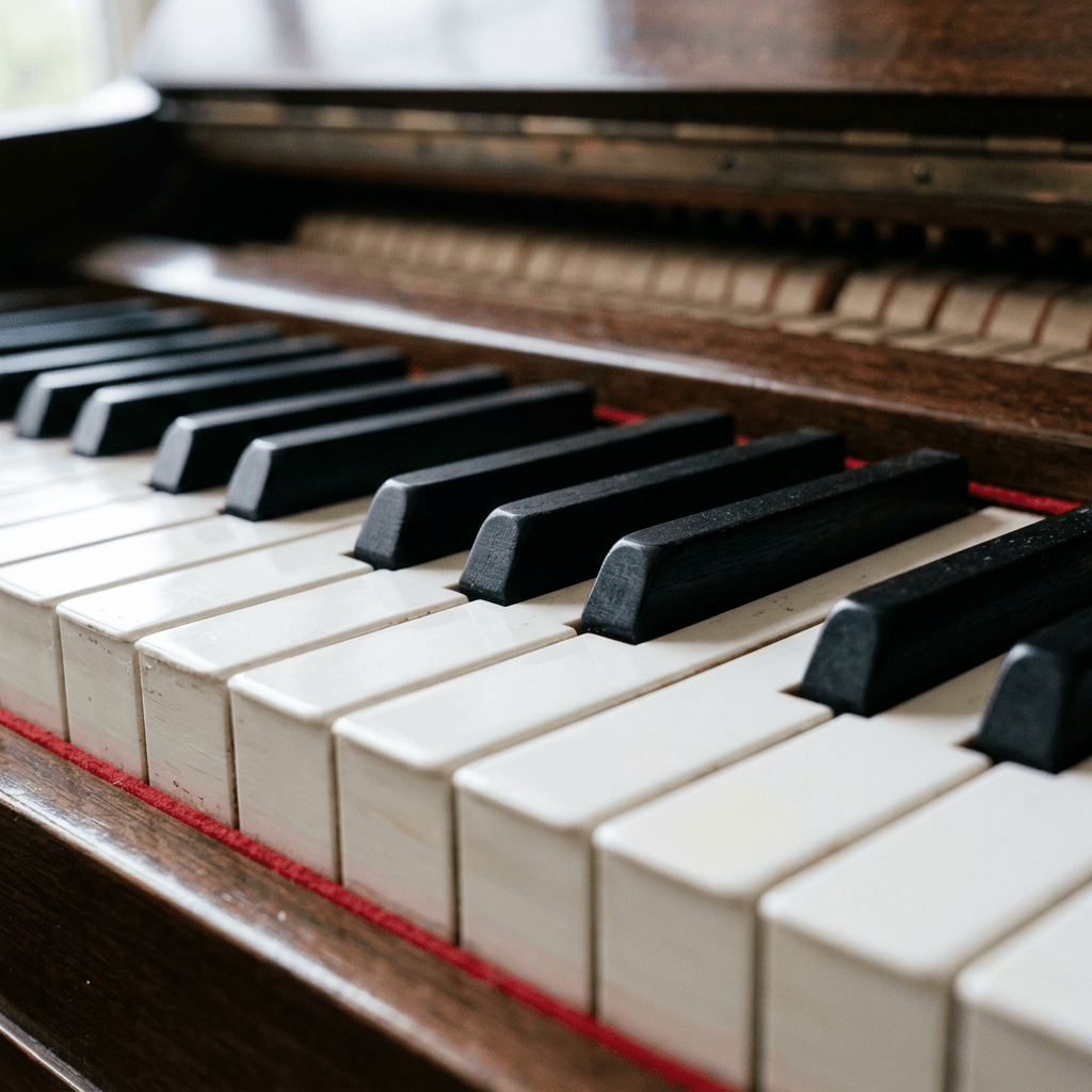 Close-up of black and white piano keys on a wooden piano
